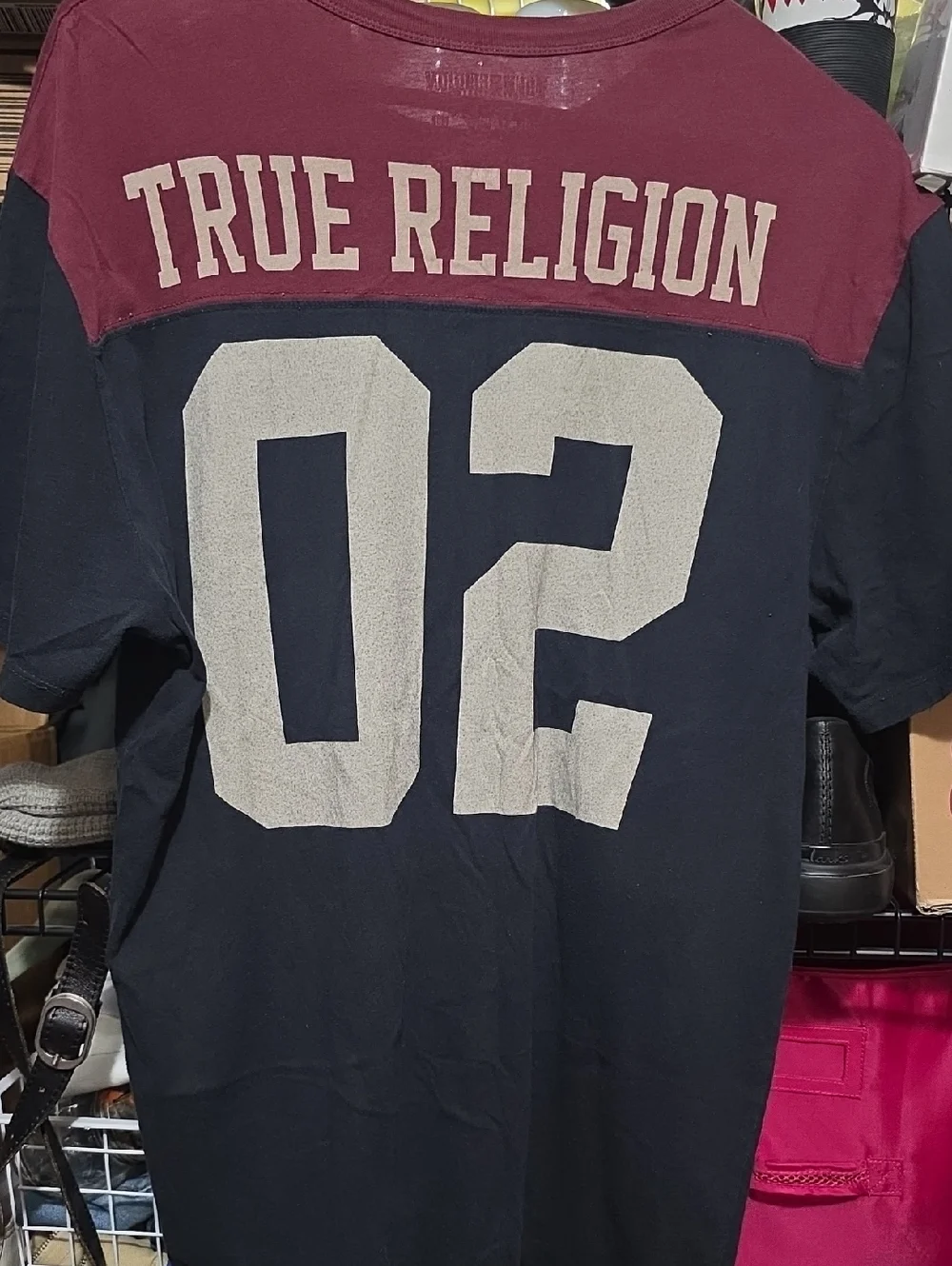 True Religion Two-Tone 'TRUE' Logo Tee - Black and Burgundy